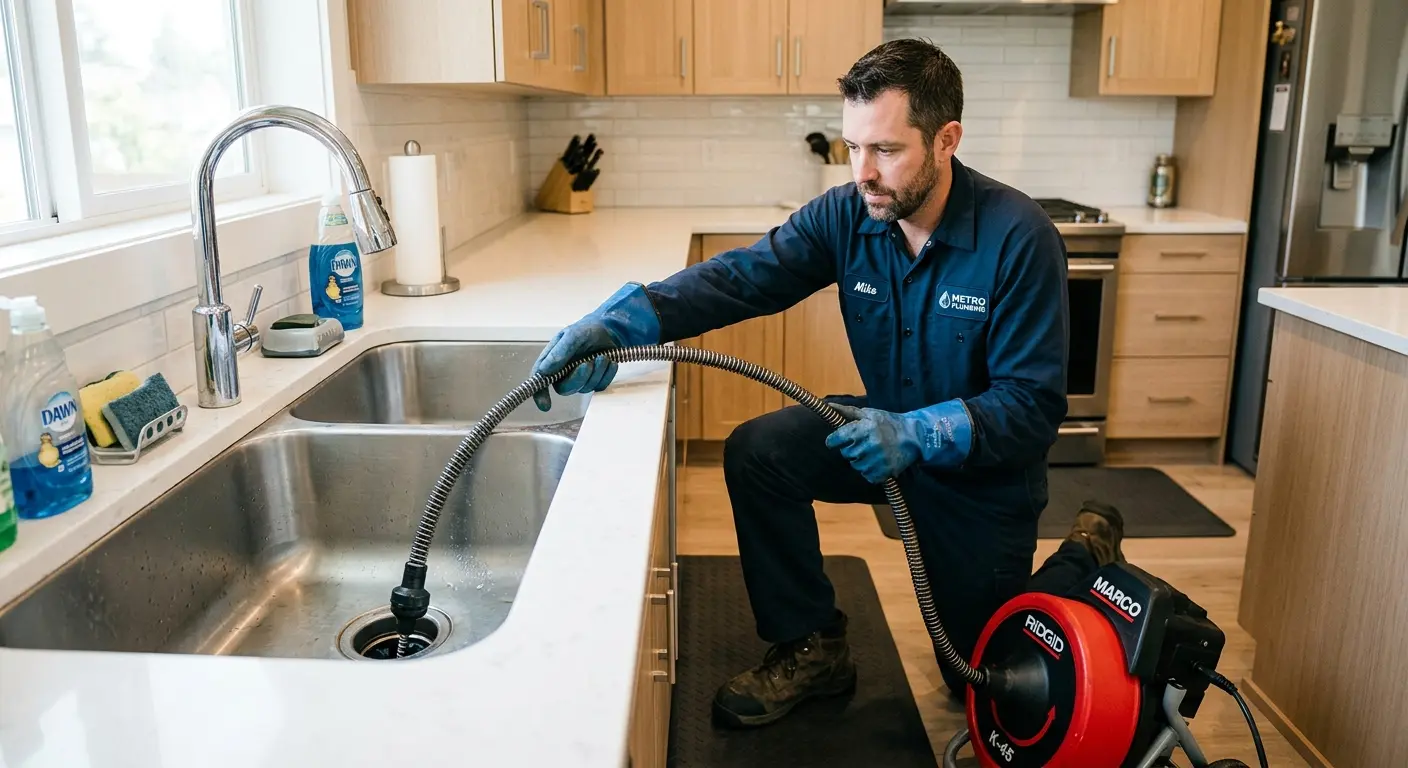 Drain cleaning technician using a motorized snake on a kitchen sink in La Puente