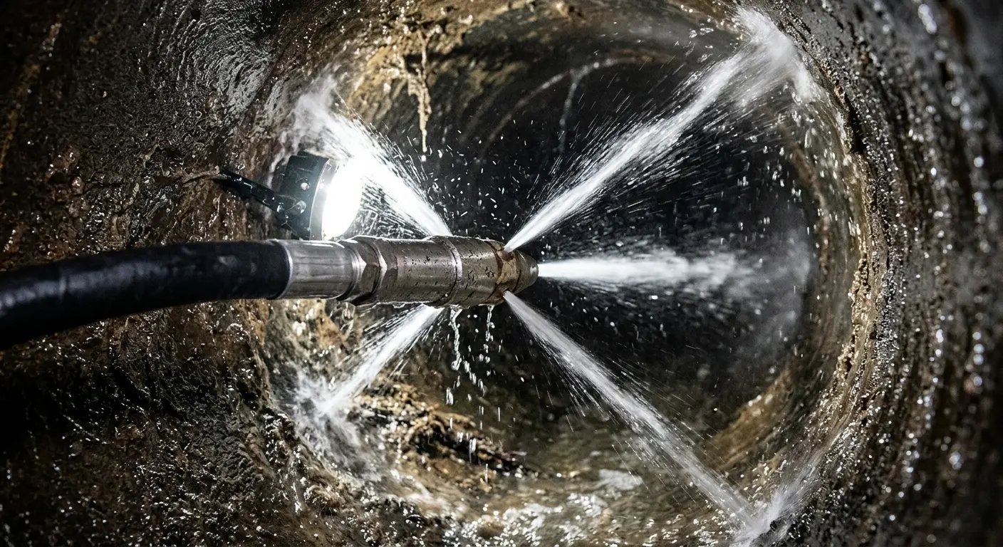 High-pressure hydro jetting nozzle cleaning sewer pipe for Trenchless Sewer Repair in La Puente