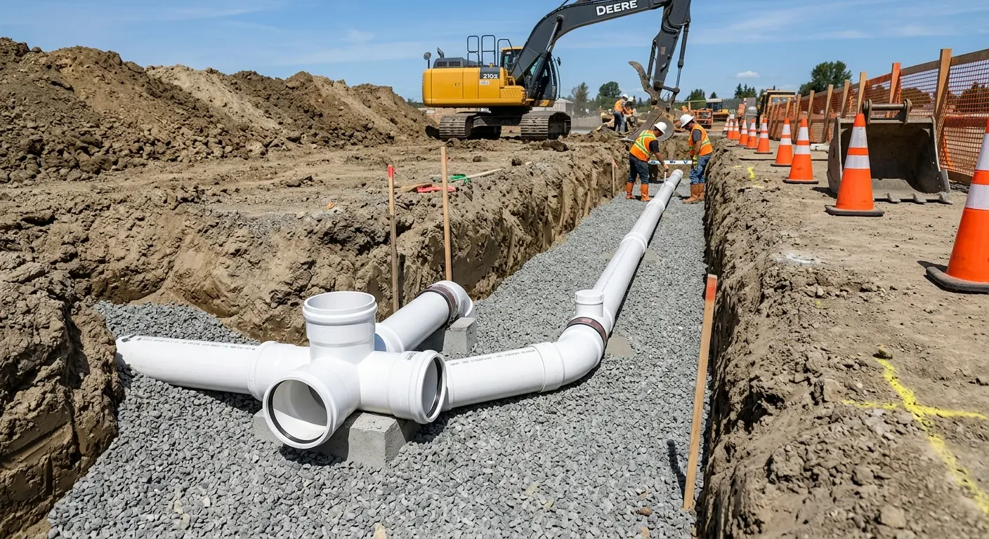 New PVC sewer pipe installation in open trench for Sewer Backup in La Puente