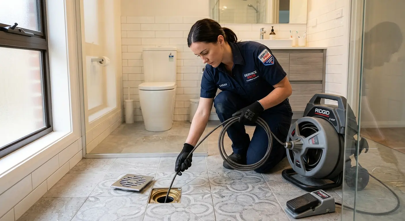 Technician clearing a bathroom floor drain for Drain Cleaning in La Puente